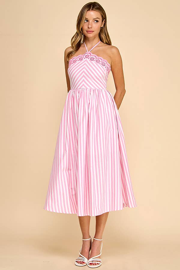 Scalloped halter neckline midi dress