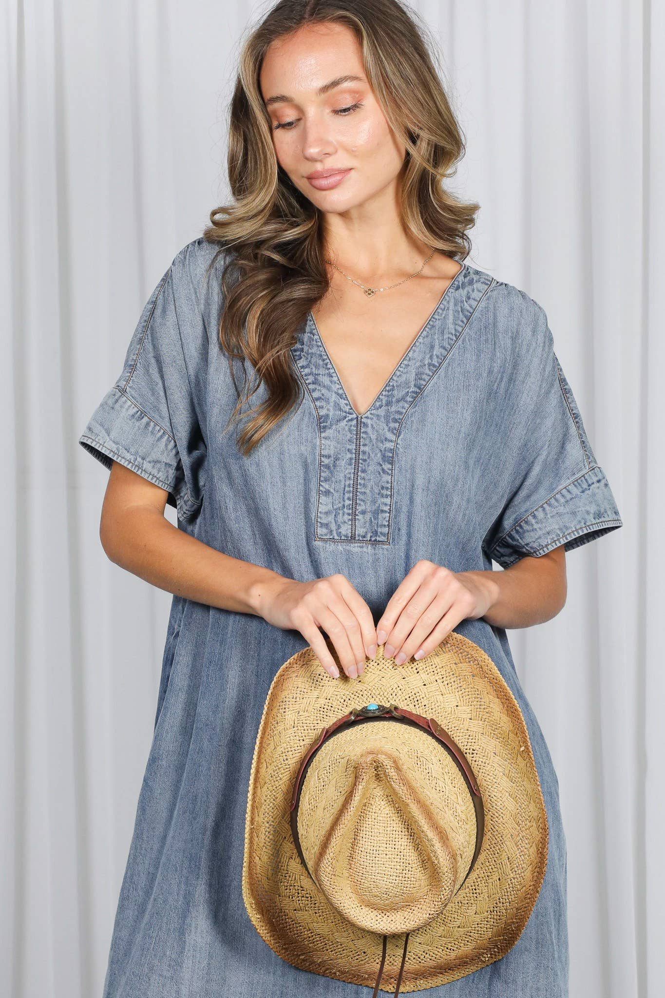 V-Neck Chambray Denim Dress