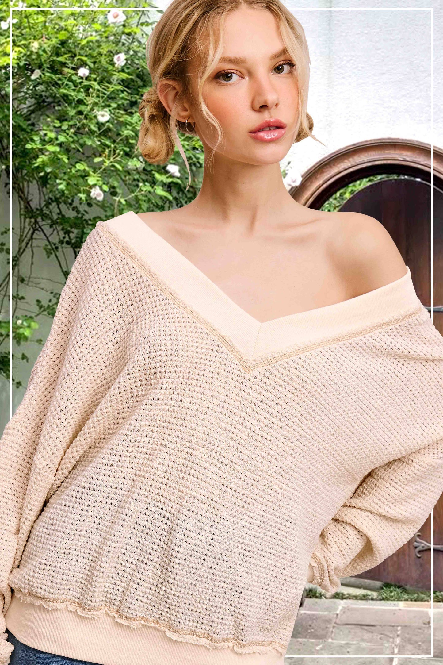 V-neck Waffle Long Sleeve Top