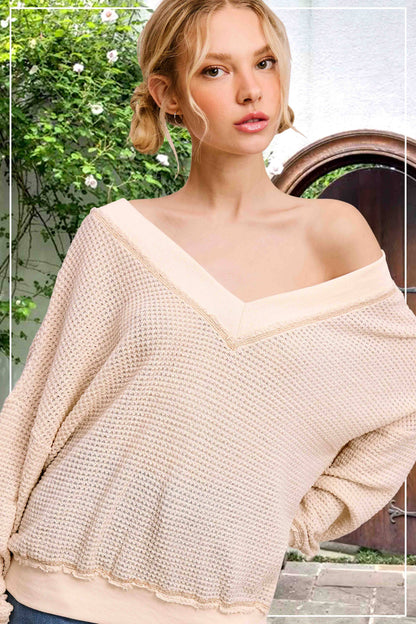 V-neck Waffle Long Sleeve Top