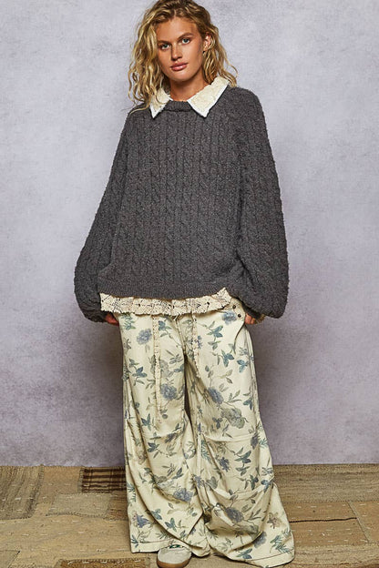 Collar neck double gauze crochet patch sweater top