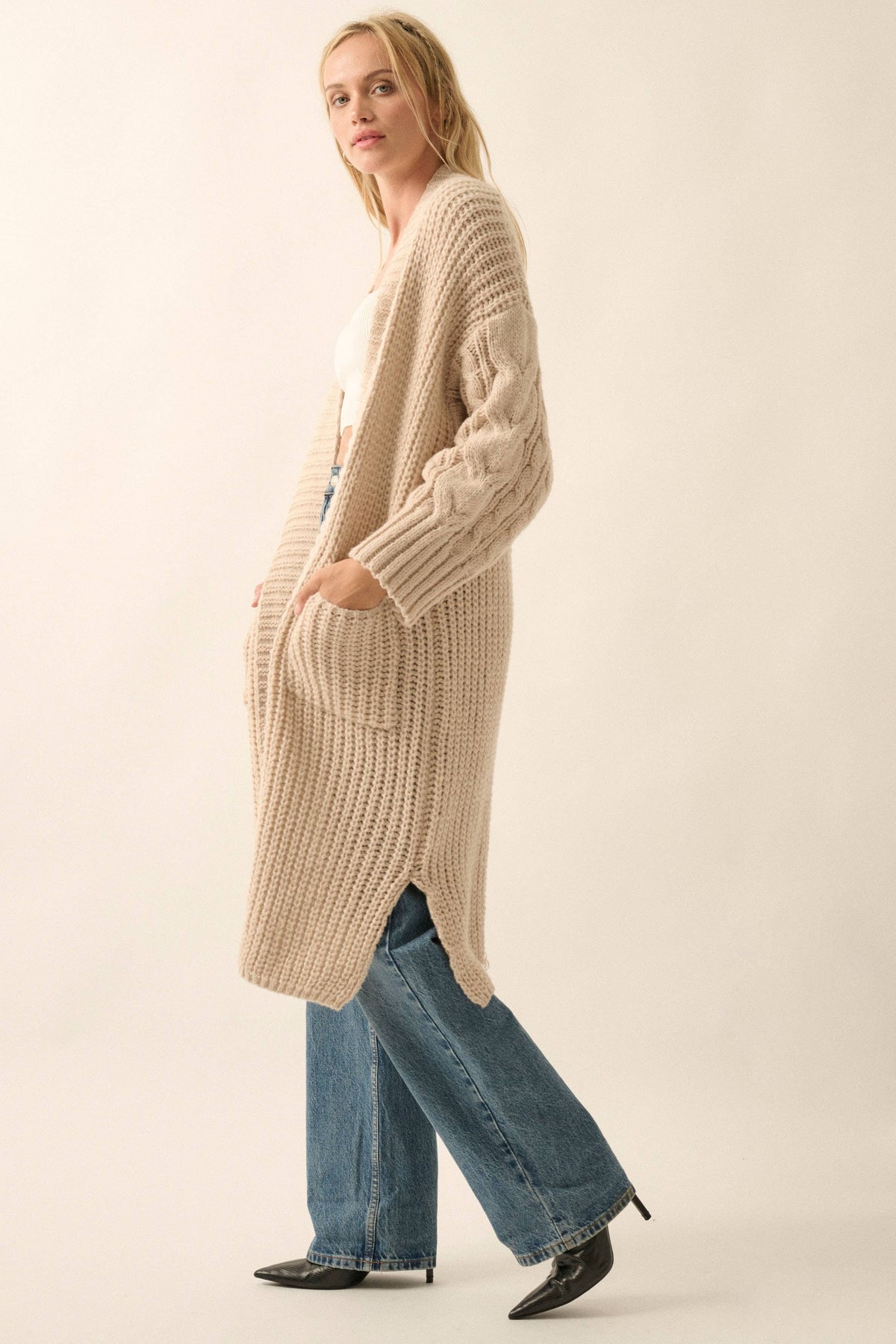Rib Knit Cable Knit Cardigan