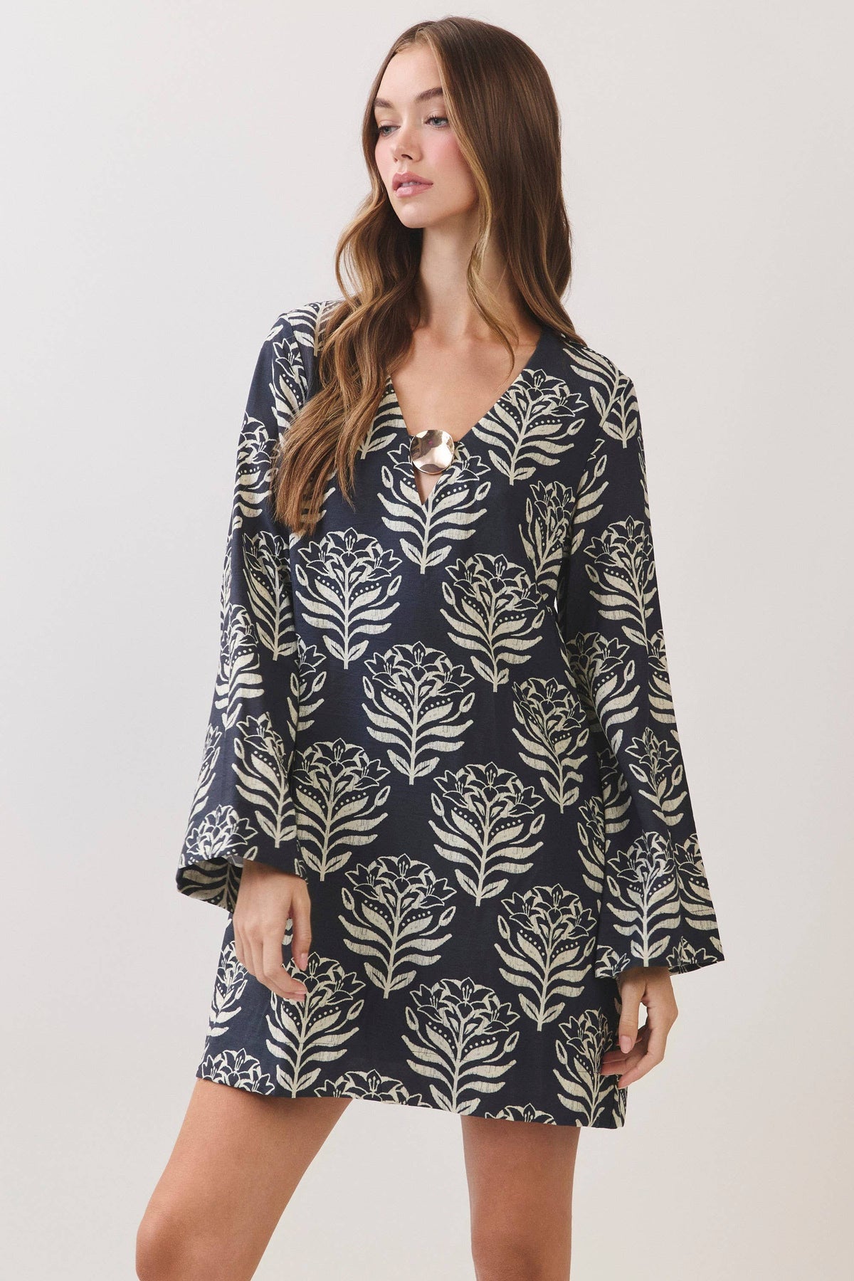 Floral Print Metal Ring Mini Dress