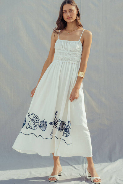 Seashell Embroidered Linen Blend Dress