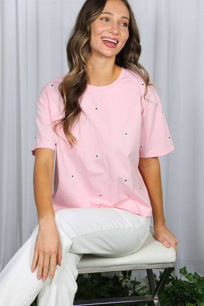 Floral Embroidered Crew Neck Top