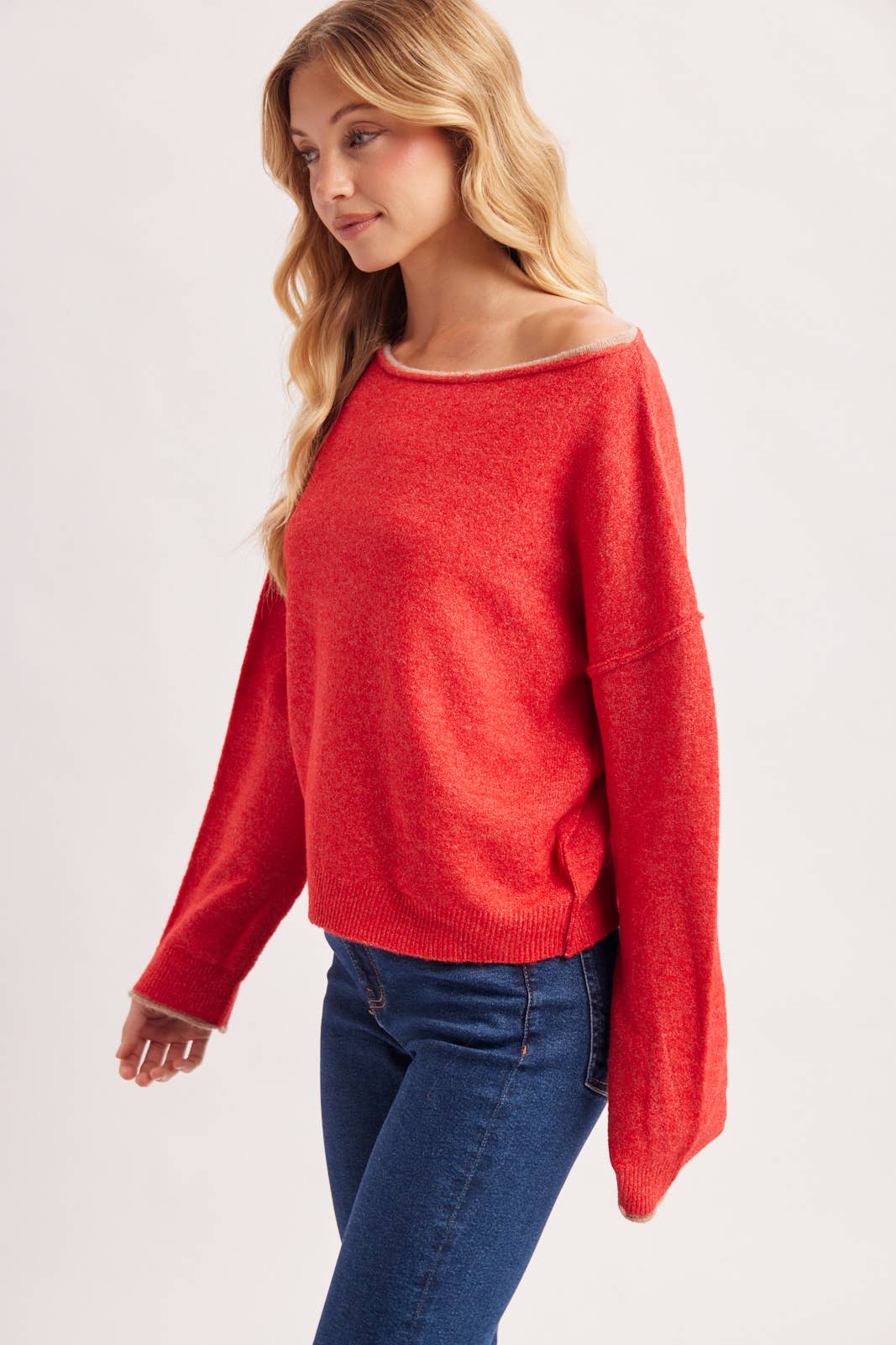 Boat Neck Rolled Trim Sweater
