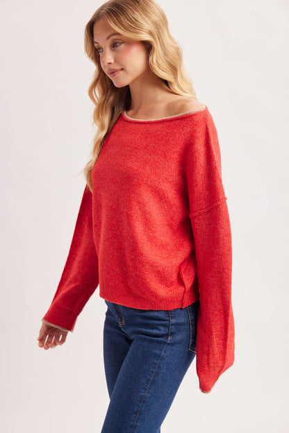 Boat Neck Rolled Trim Sweater