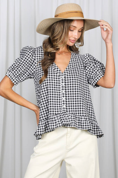 Gingham Short Puff Sleeve Blouse
