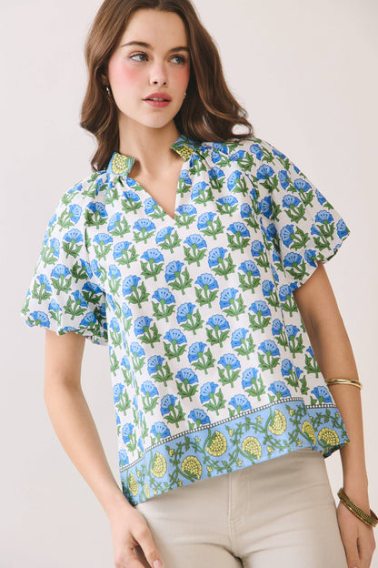 Floral Print Bubble Sleeves Split Neckline top