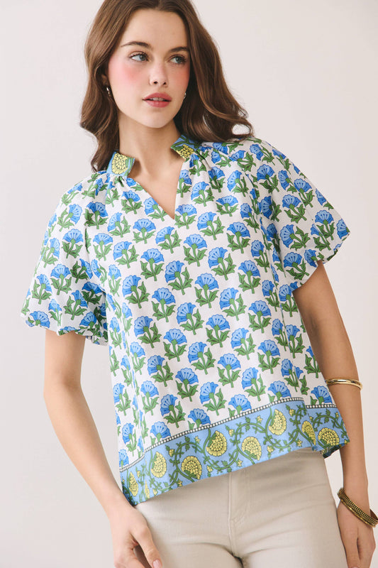 Floral Print Bubble Sleeves Split Neckline top