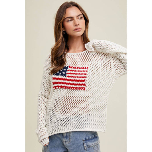 HAND STITCHED AMERICAN FLAG OPEN-KNIT SWEATER / WL24-9231