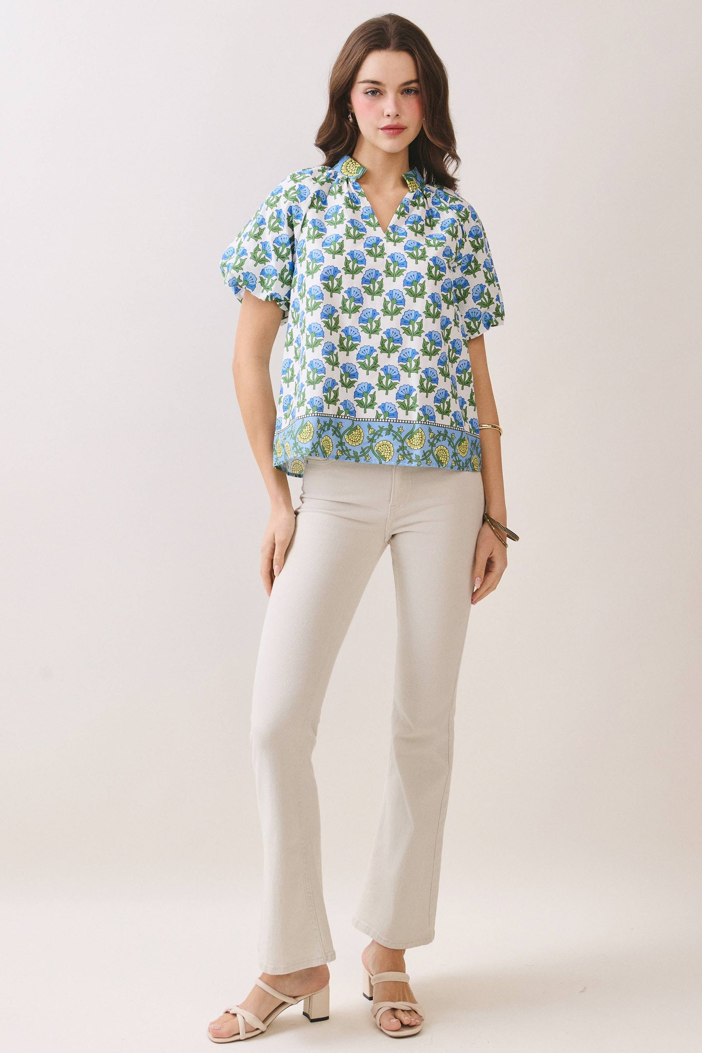 Floral Print Bubble Sleeves Split Neckline top
