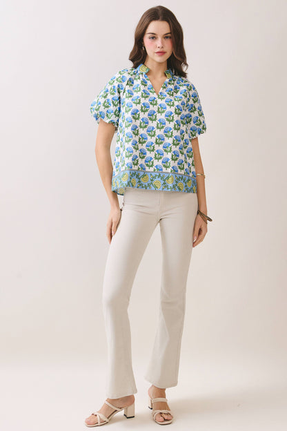 Floral Print Bubble Sleeves Split Neckline top