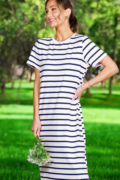 Crew Neck Striped Cotton Maxi Dress