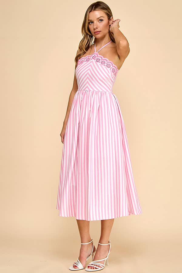 Scalloped halter neckline midi dress