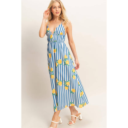 Striped Lemon Print Midi Dress