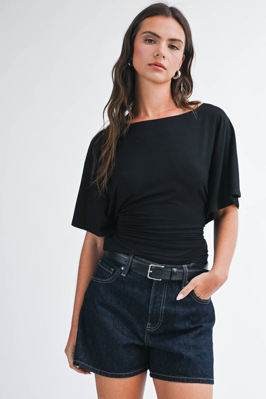 Draped Short Sleeve Back Tie Top