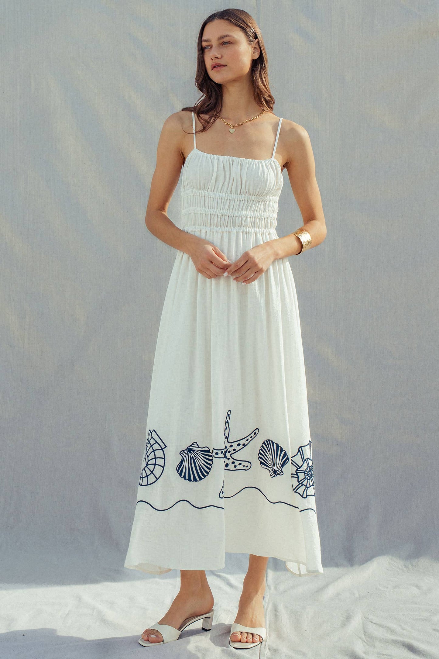 Seashell Embroidered Linen Blend Dress