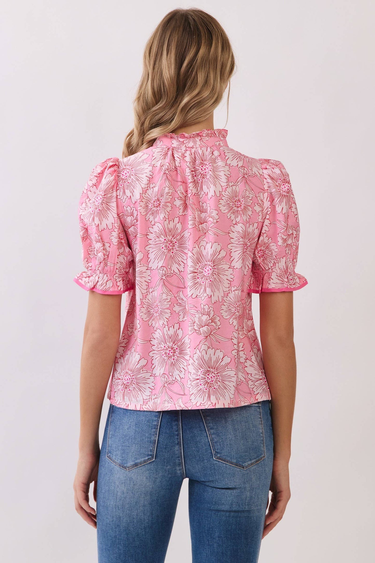 Floral Contrast Piping Puff Sleeve Blouse