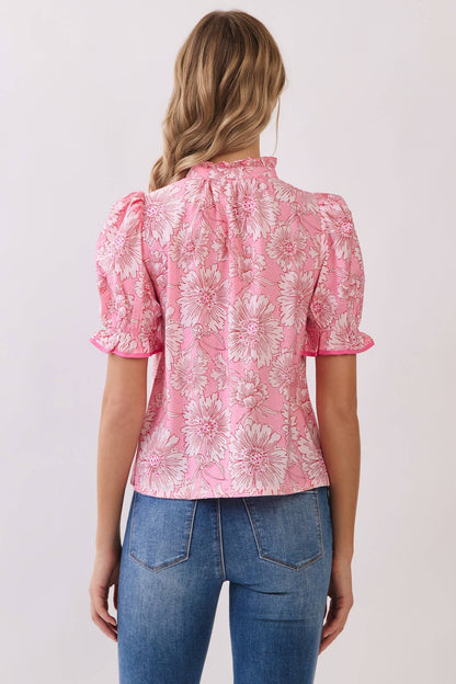 Floral Contrast Piping Puff Sleeve Blouse