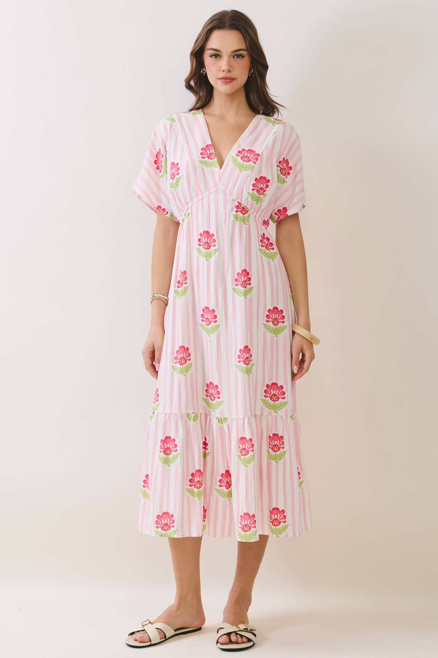 Floral Stripe Print V Neck Midi Dress