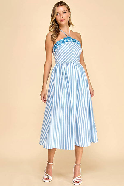 Scalloped halter neckline midi dress