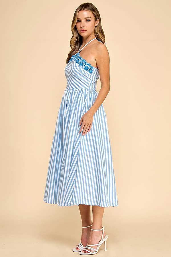 Scalloped halter neckline midi dress
