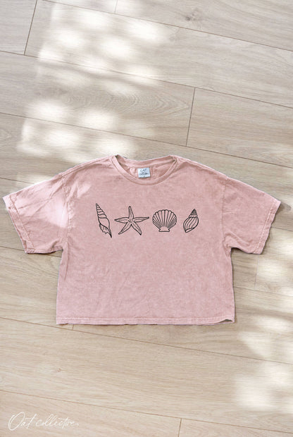 SEASHELLS ROW Cropped Mineral Washed Graphic Top