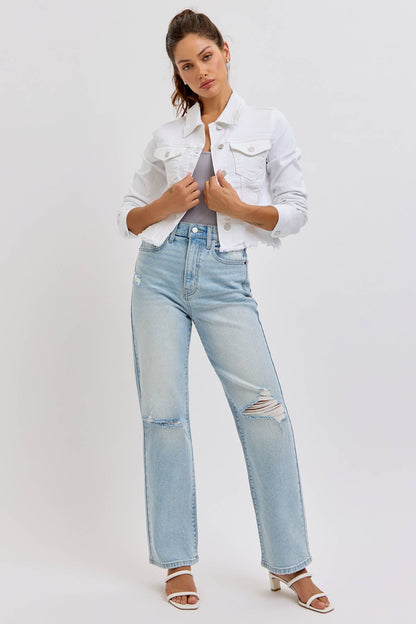 Uneven White Denim Frayed Jacket