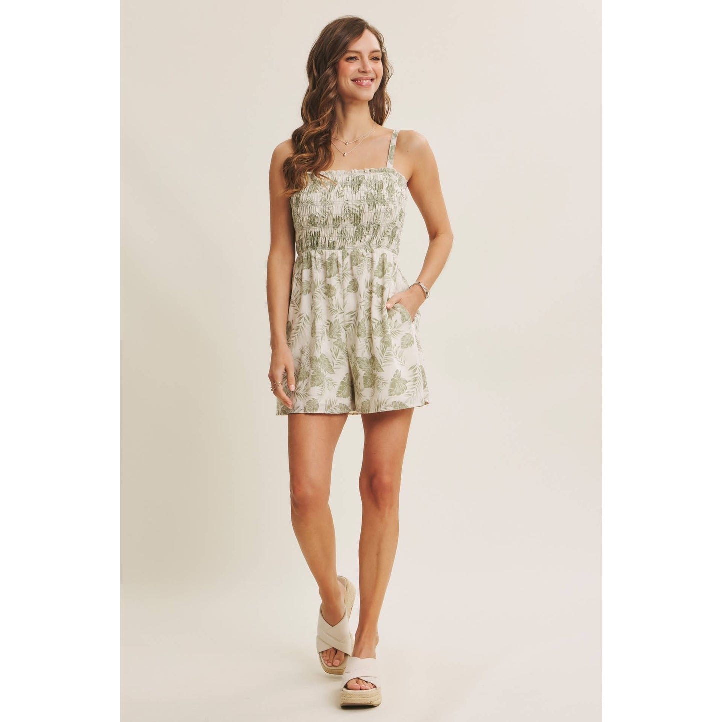Palm Leaf Smocked Romper
