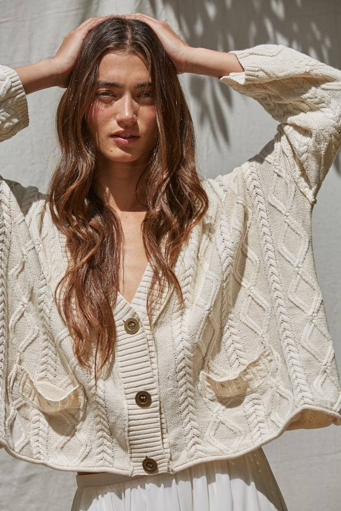 V-Neck Cable Knit Cardigan Top