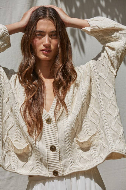 V-Neck Cable Knit Cardigan Top