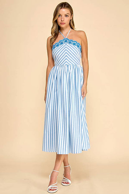 Scalloped halter neckline midi dress