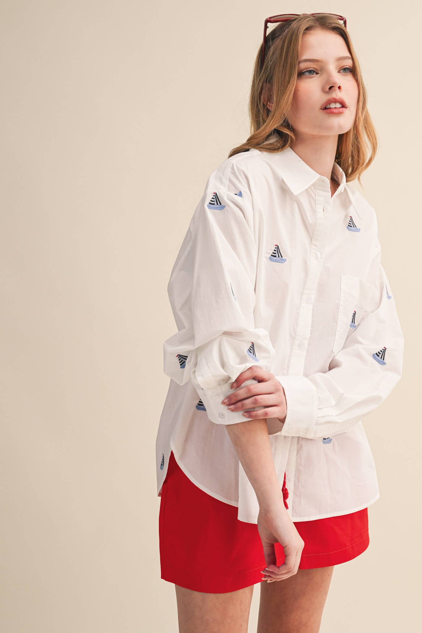 Sailboat Embroidery Button Down Top