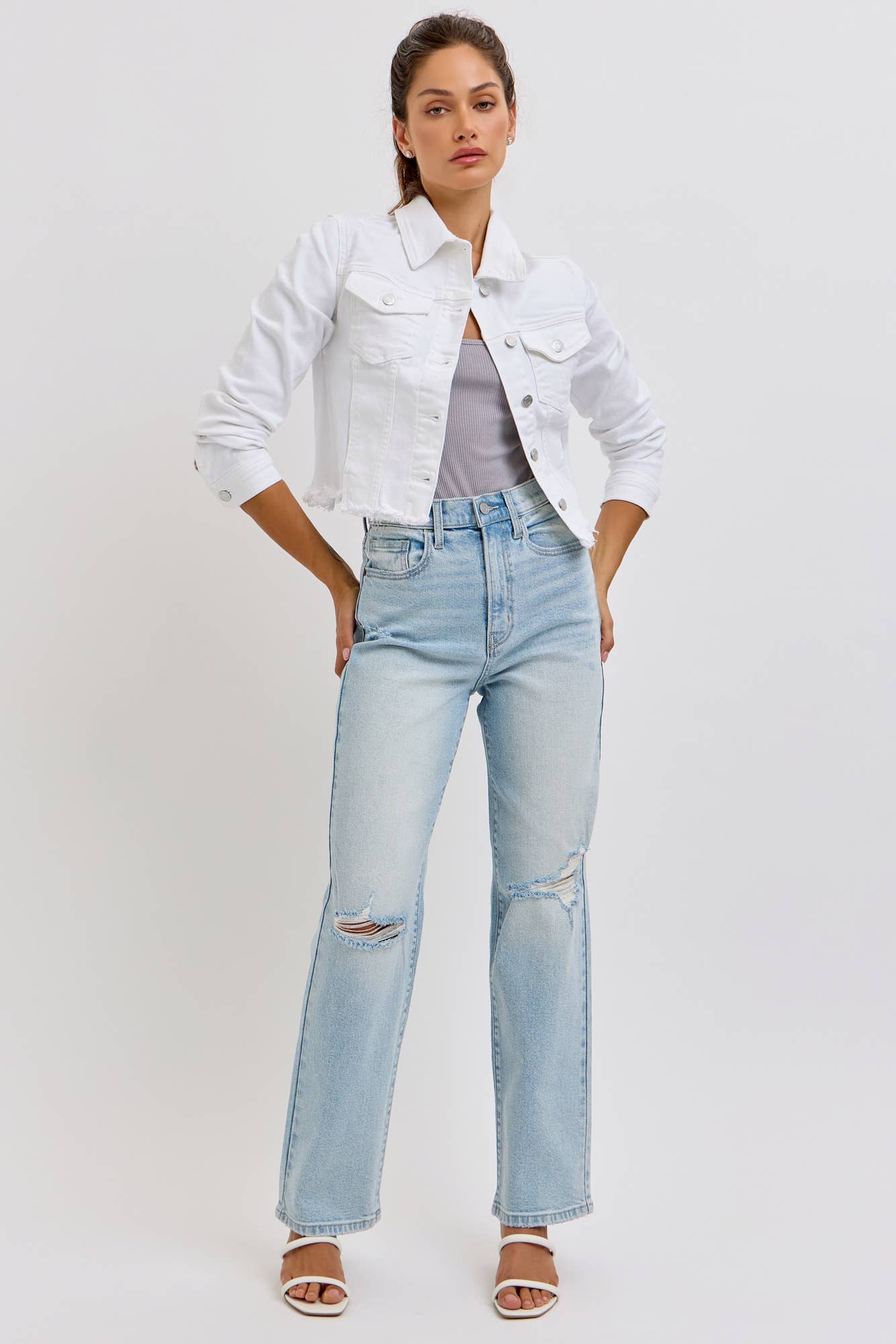 Uneven White Denim Frayed Jacket