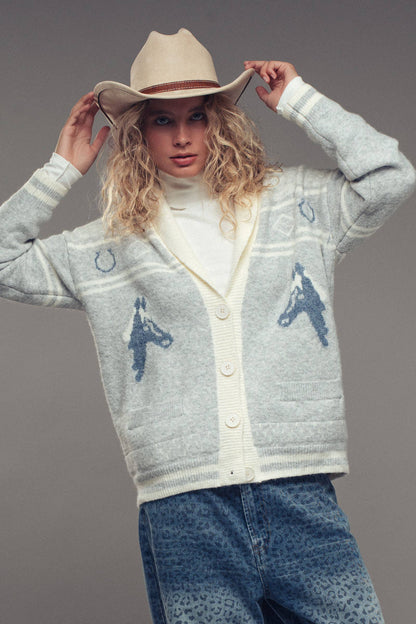 Horse Motif Shawl Collar Cardigan