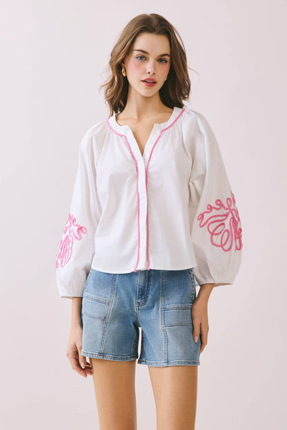Bold Embroidery Puff Sleeves Blouse