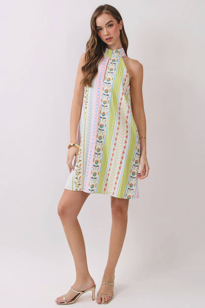 Pastel Stripe Halter Neckline Mini Dress