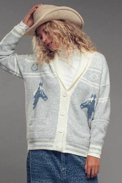 Horse Motif Shawl Collar Cardigan