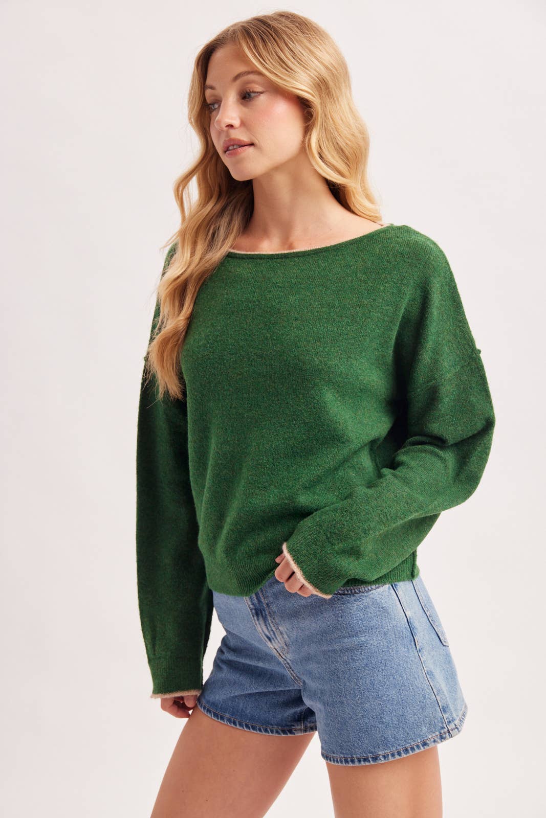 Boat Neck Rolled Trim Sweater