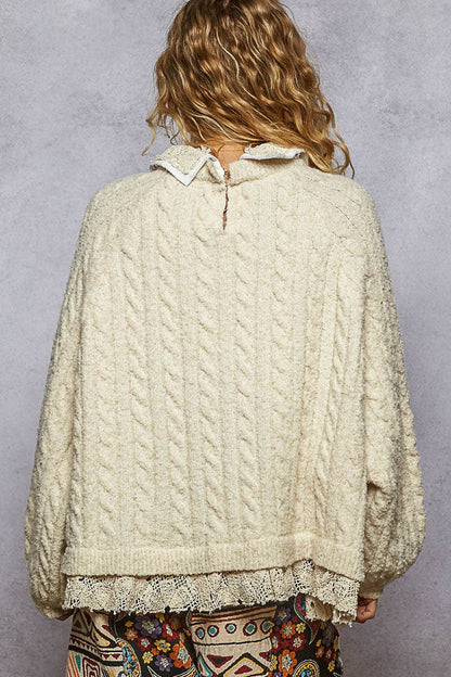 Collar neck double gauze crochet patch sweater top