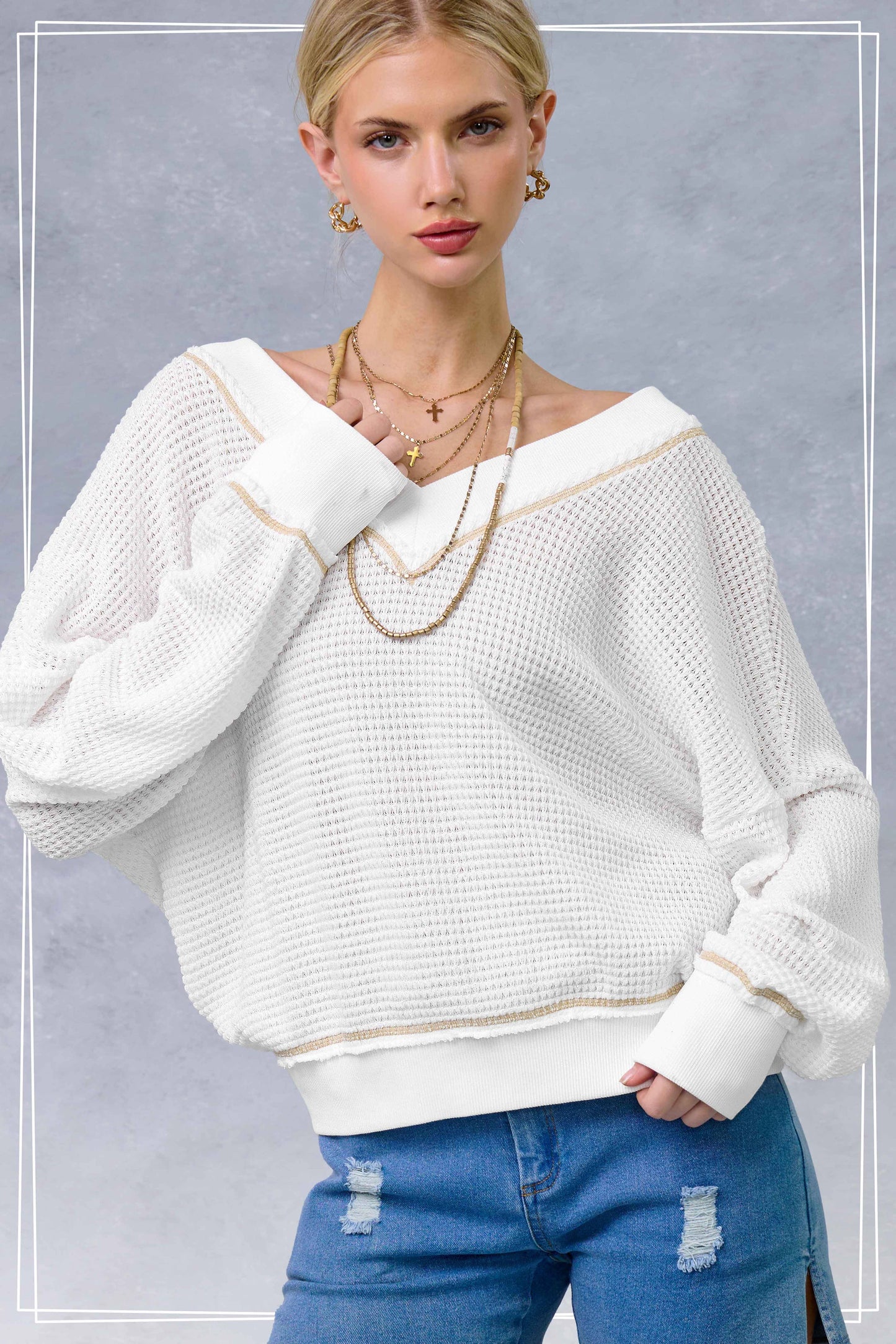 V-neck Waffle Long Sleeve Top