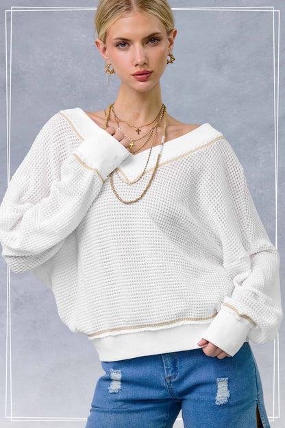 V-neck Waffle Long Sleeve Top