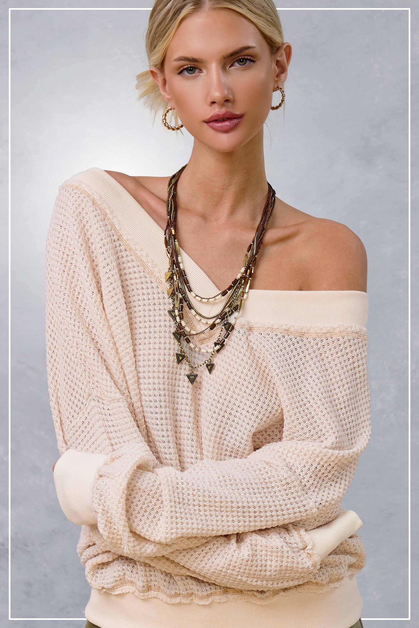 V-neck Waffle Long Sleeve Top