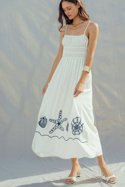 Seashell Embroidered Linen Blend Dress