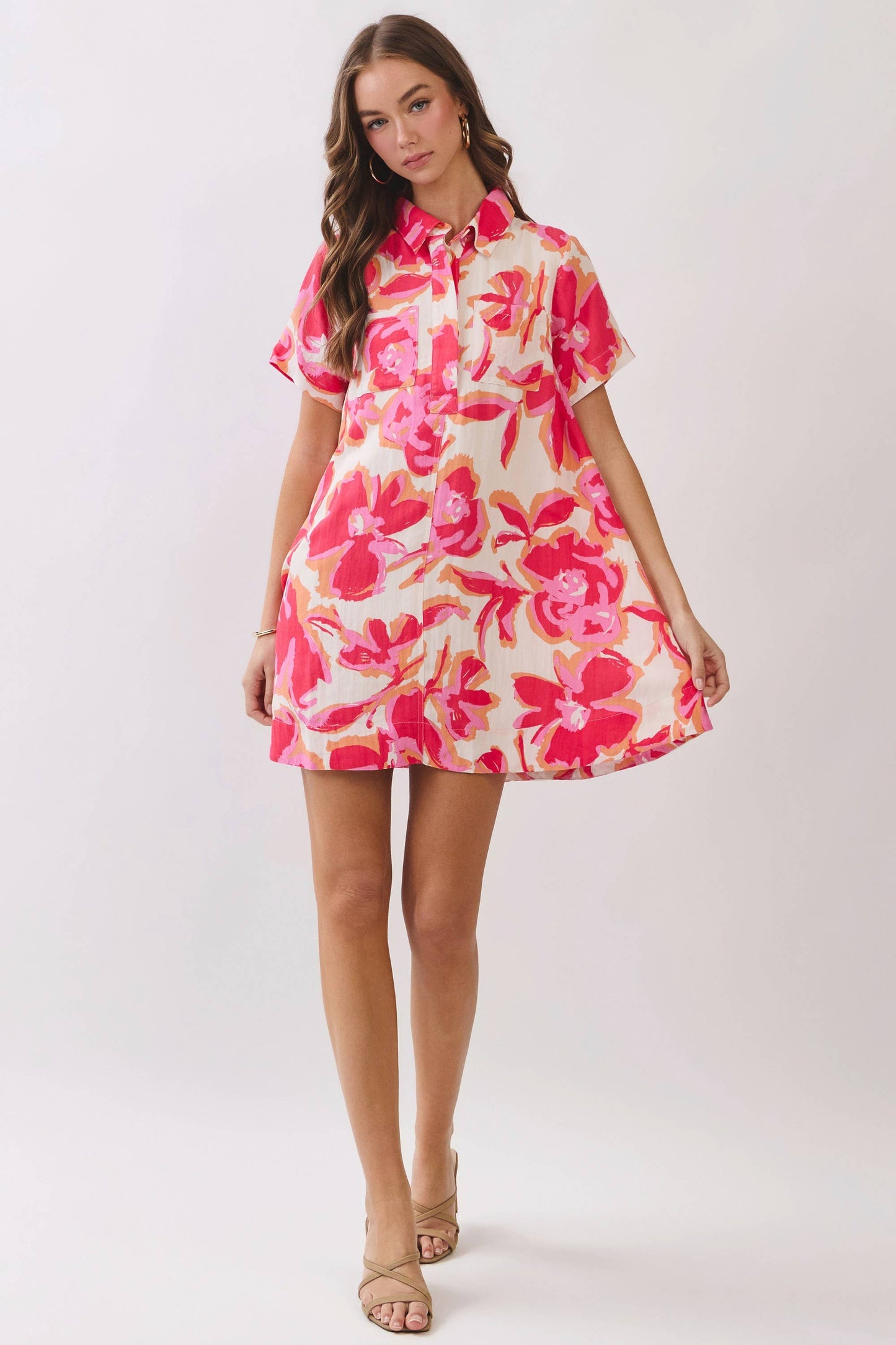 Abstract Floral Print Shirt Mini Dress