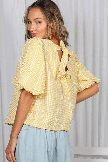 V-Back 2 Bow Accent Plaid Blouse