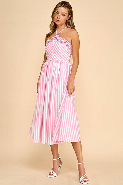 Scalloped halter neckline midi dress