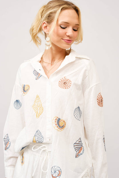 Linen Seashell Embroidered Shirt