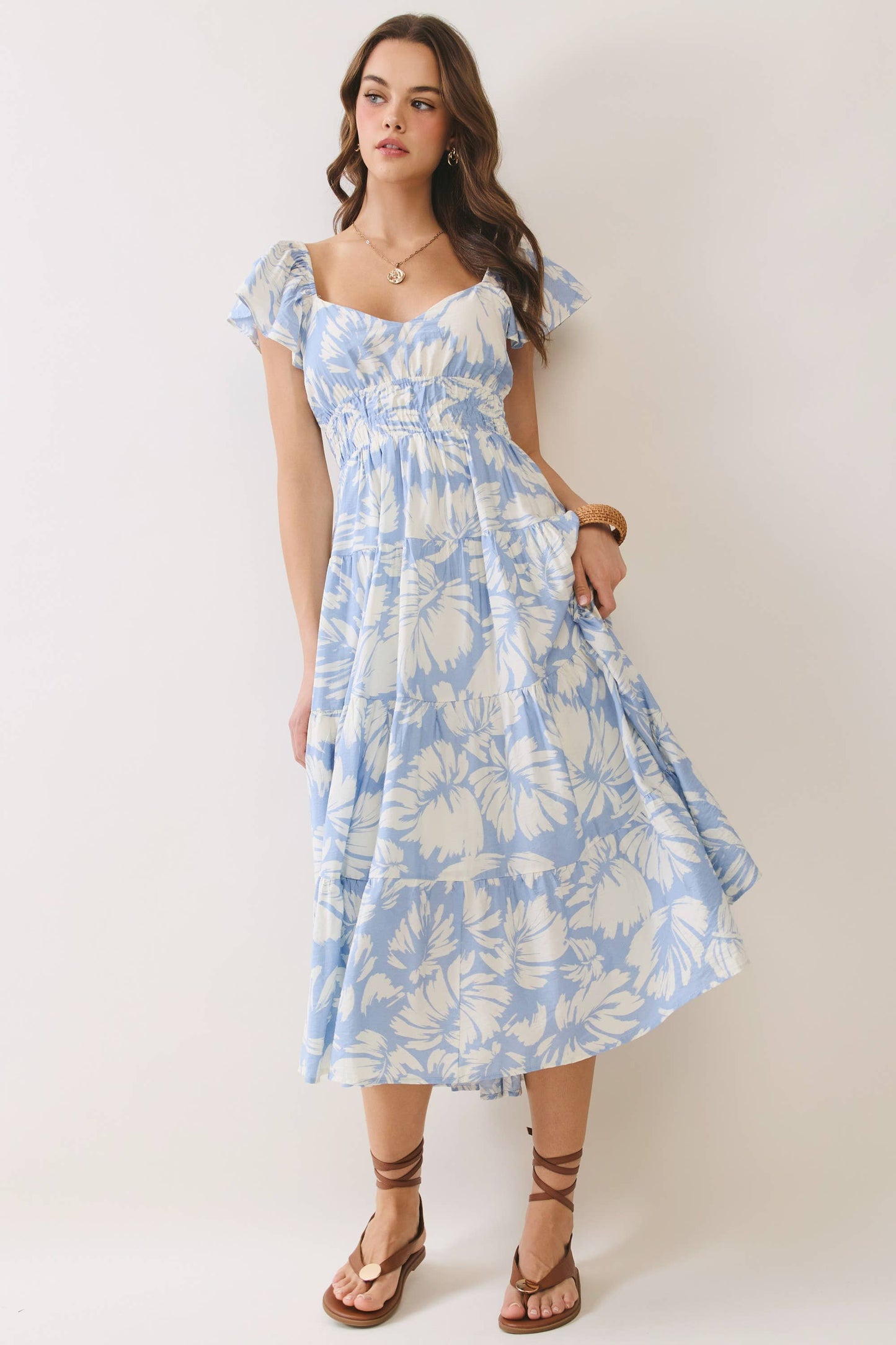 Floral Print Back Cutout Tiered Midi Dress